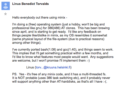 Linus Torvalds' 1991 announcement of Linux on comp.os.minix