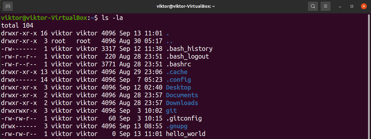 Running ls -la in a terminal
